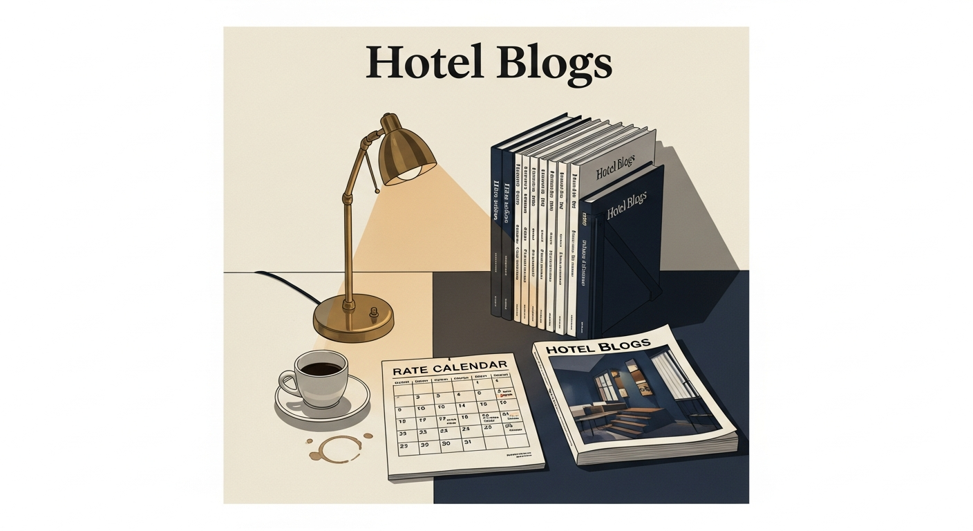 Editorial illustration in Deep Navy and Brass on cream paper: a hospitality operations desk with a laptop, notebook, coffee cup, and a hotel room plan sketch.